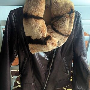 Elegant Brown Leather Jacket with Faux Fur Collar